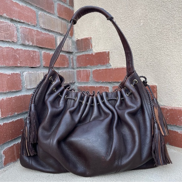 7 For All Mankind 🍂 Cow Hide Leather  Shoulder Hobo Bag in Brown | X-Large - Picture 4 of 14